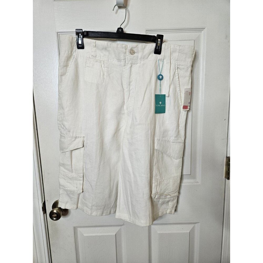 Toscano Men Shorts Linen Plaid White Flat Front Casual Summer Pant 38x12 NWT